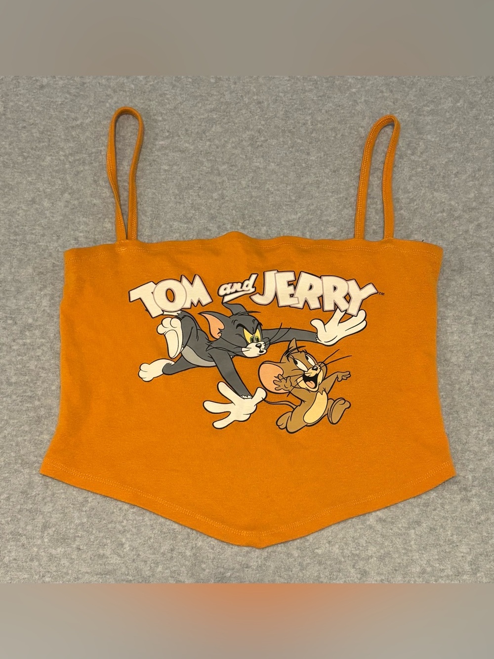 Tom & Jerry Cartoon Graphic Spaghetti Strap Tank Crop Top Orange Size Medium